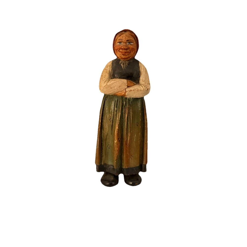 Vtg Hand Carved Wood Figurine Alpine Peasant Woman Folk Art ANRI Huggler Style